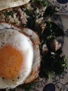 A 'royal breakfast': Leftover beef, kale & cauliflower rice, topped with an egg